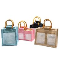Geschenktasje Puur Jute en Katoen met Venster - 1 x Venster - Teal