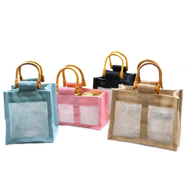 Geschenktasje Puur Jute en Katoen met Venster - 1 x Venster - Teal