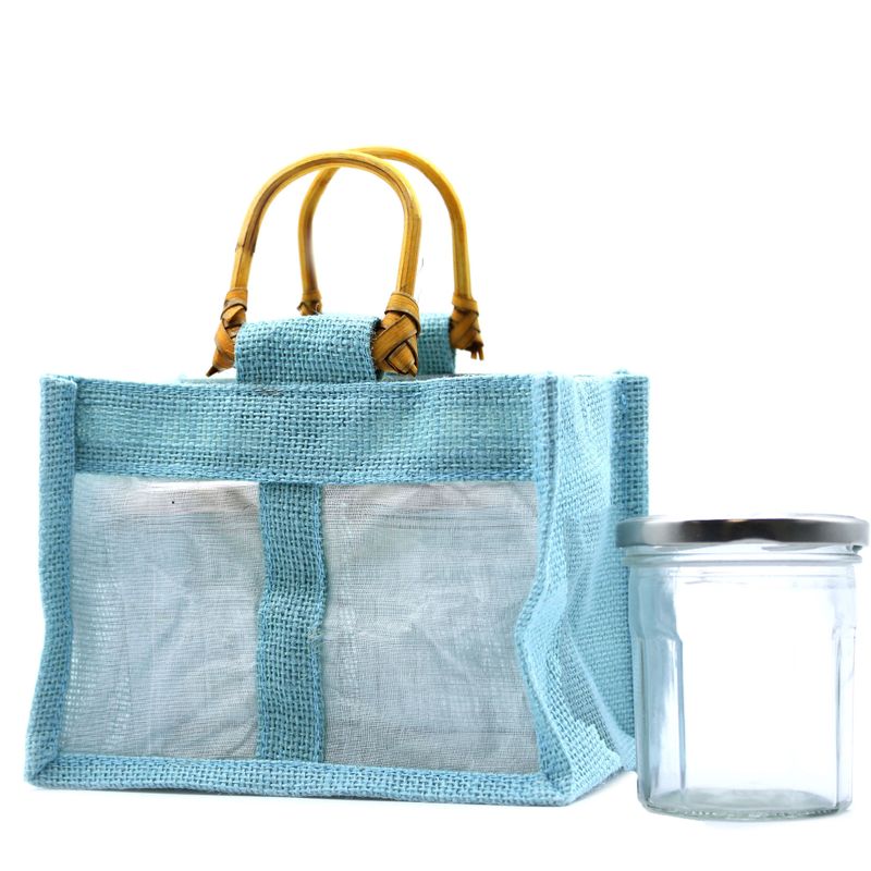 Geschenktasje Puur Jute en Katoen met Venster - 2 x Venster - Teal
