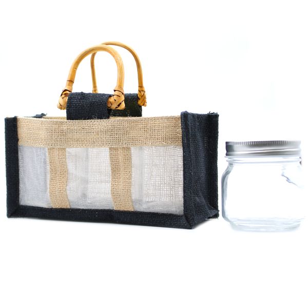 Geschenktasje Puur Jute en Katoen met Venster - 3 x Venster - Zwart