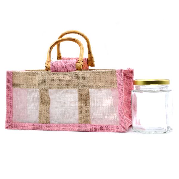 Geschenktasje Puur Jute en Katoen met Venster - 3 x Venster - Roze