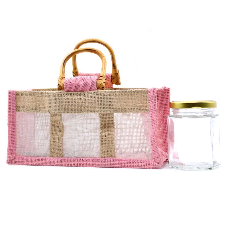 Geschenktasje Puur Jute en Katoen met Venster - 3 x Venster - Roze