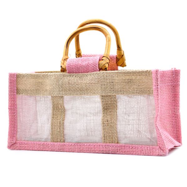 Geschenktasje Puur Jute en Katoen met Venster - 3 x Venster - Roze