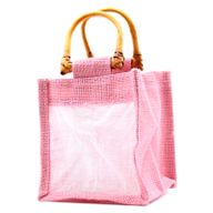 Geschenktasje Puur Jute en Katoen met Venster - 1 x Venster - Roze