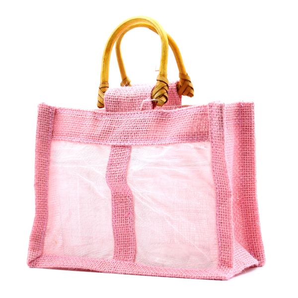 Geschenktasje Puur Jute en Katoen met Venster - 2 x Venster - Roze