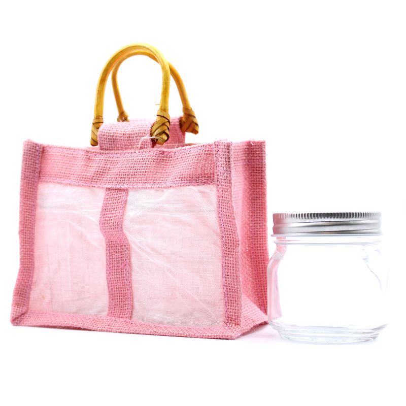 Geschenktasje Puur Jute en Katoen met Venster - 2 x Venster - Roze