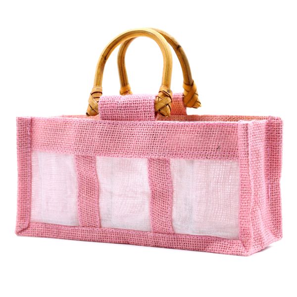 Geschenktasje Puur Jute en Katoen met Venster - 3 x Venster - Roze