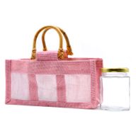 Geschenktasje Puur Jute en Katoen met Venster - 3 x Venster - Roze