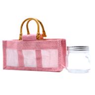 Geschenktasje Puur Jute en Katoen met Venster - 3 x Venster - Roze
