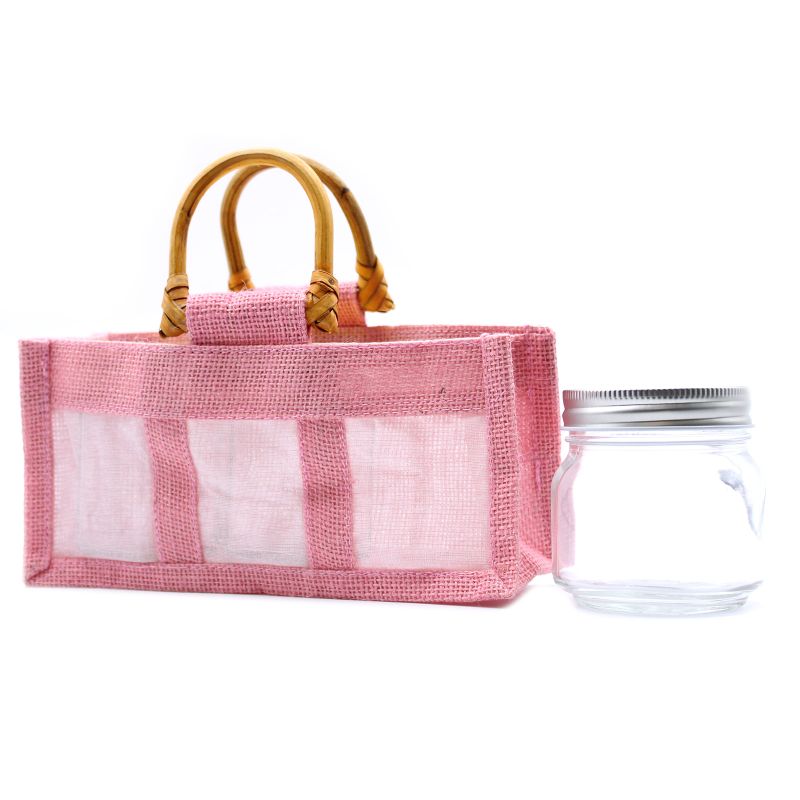 Geschenktasje Puur Jute en Katoen met Venster - 3 x Venster - Roze