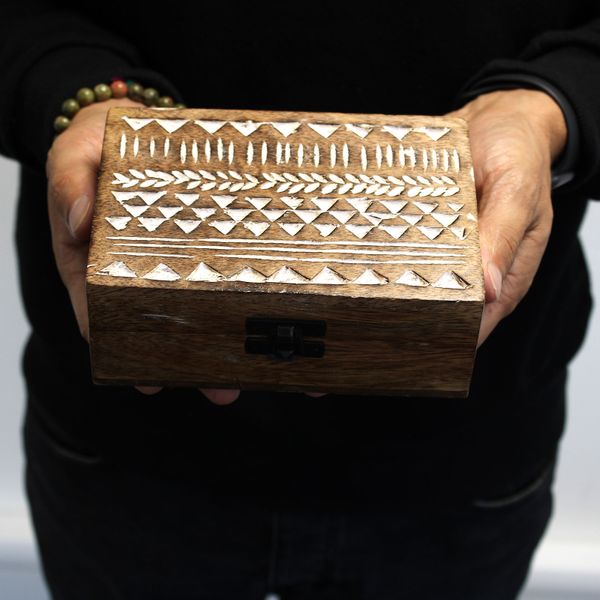 Mango Houten Box - White Washed - Aztec Motief