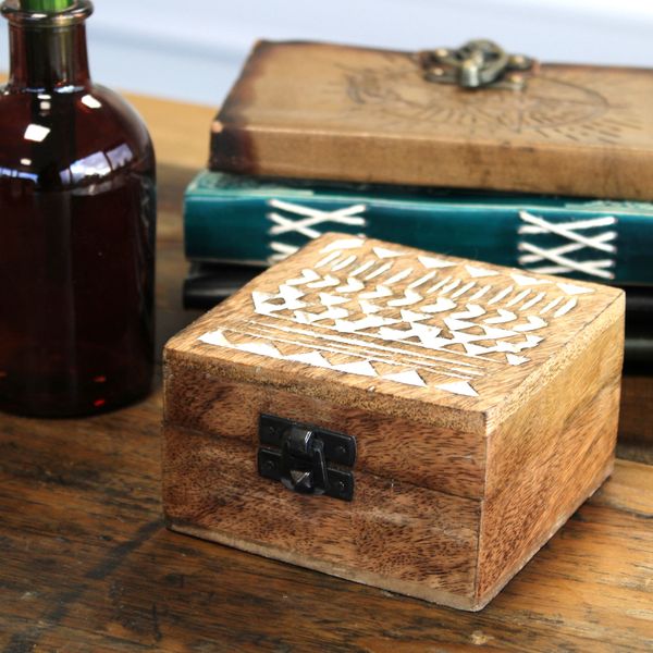 Mango Houten Box - White Washed - Aztec Motief