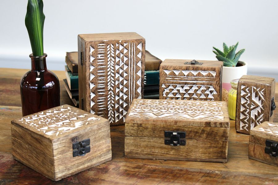 Mango Houten Box - White Washed - Aztec Motief