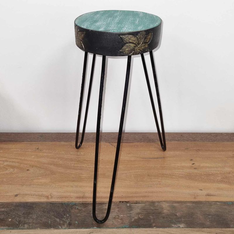 Albasia Houten Plantenstandaard - Rond - Turkoois met Goeden Detail