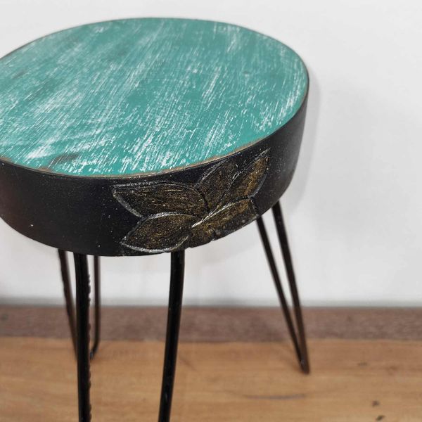 Albasia Houten Plantenstandaard - Rond - Turkoois met Goeden Detail