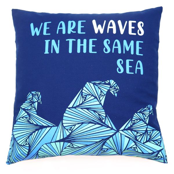 Bedrukte Katoenen Kussenslopen- We are Waves - Grijs, Bauw en Naturel