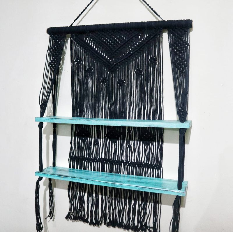 Macramé met Hangende Planken - Turkoois