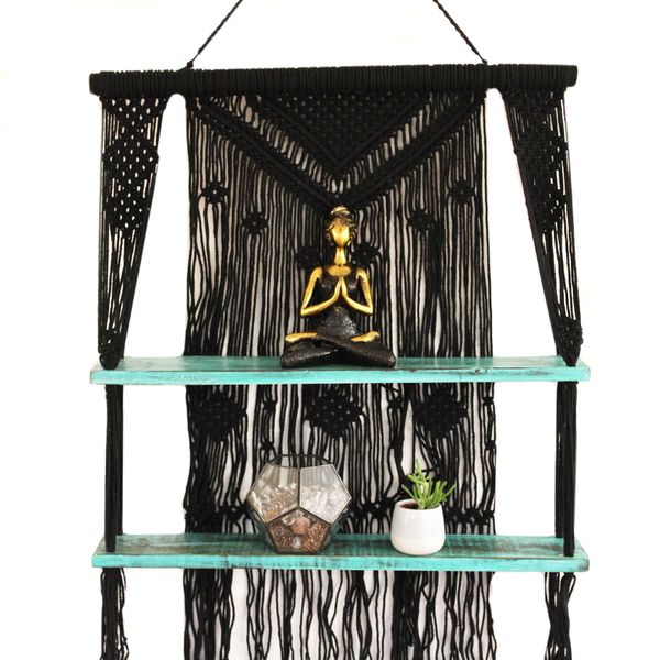 Macramé met Hangende Planken - Turkoois
