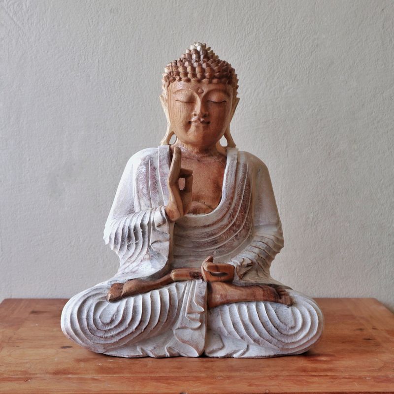 Hand Gesneden Boeddha Beeld - 40cm Teaching Transmission - Whitewash