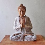 Hand Gesneden Boeddha Beelden - 40cm Welkom - Whitewash