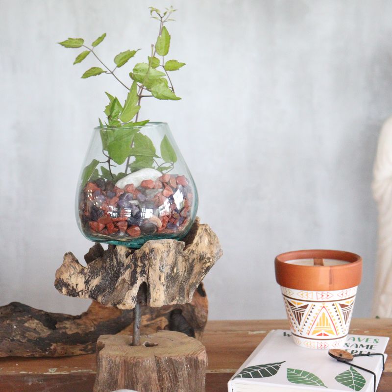Gesmolten Glas op hout met standaard - Medium Kom