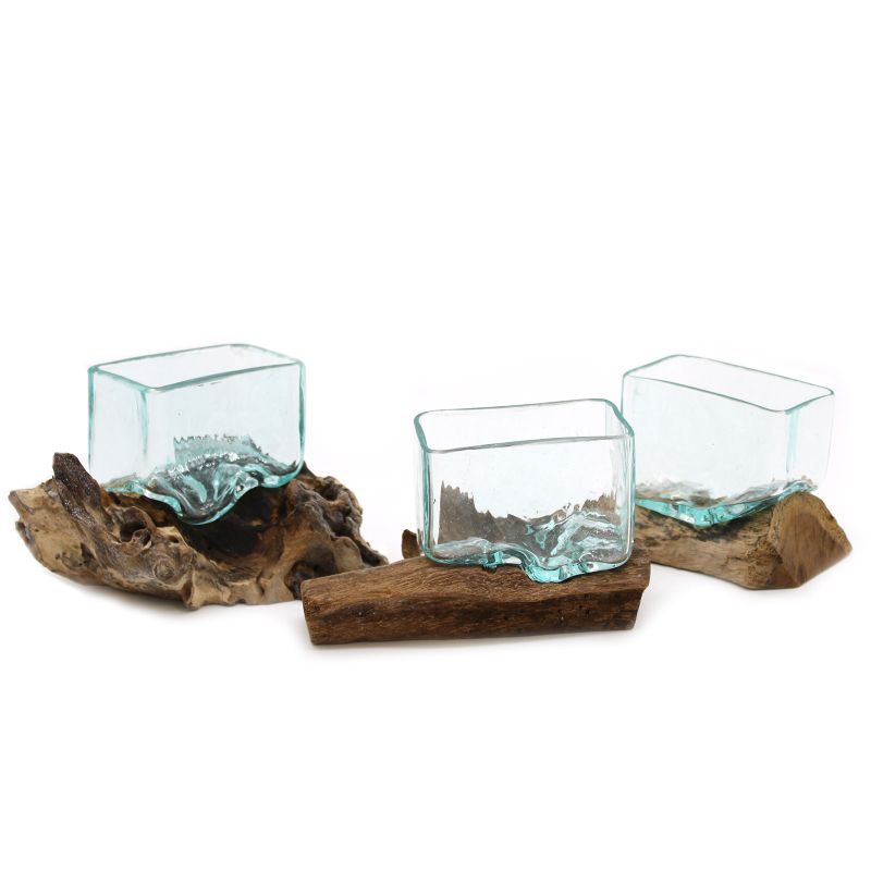 Gesmolten Glas op hout met standaard - Small Kom