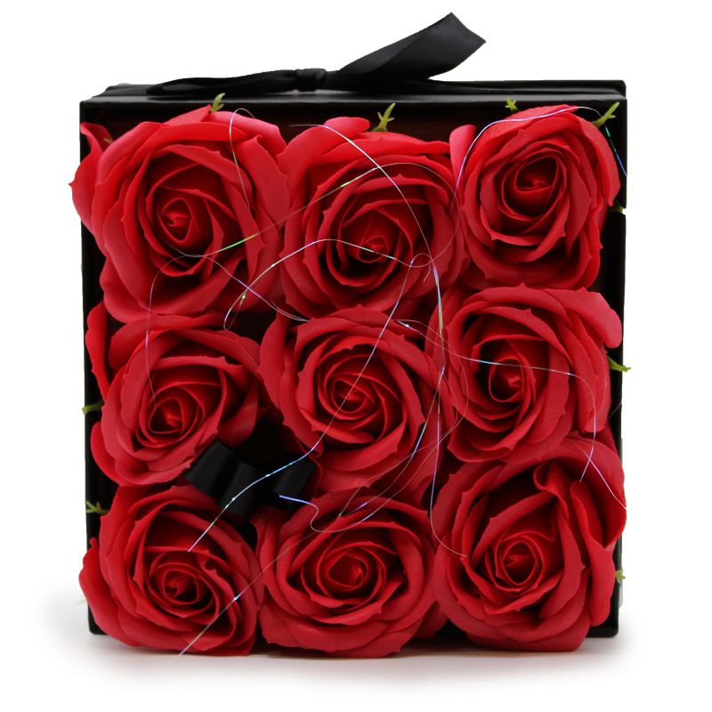 Zeep Bloemen Cadeau Set - 9 Rode Rozen - Vierkant