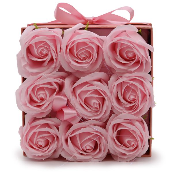 Zeep Bloemen Cadeau Set - 9 Roze Rozen - Vierkant