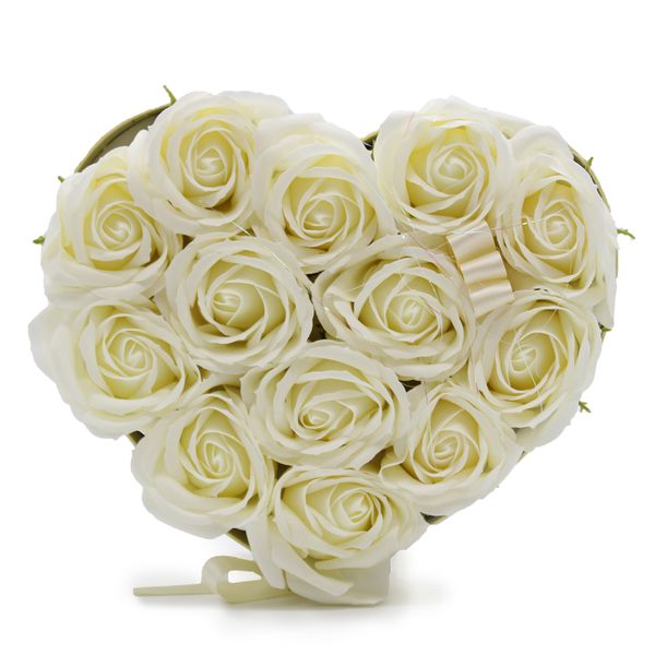 Zeep Bloemen Cadeau Set - 13 Crème Rozen - Hartvorm
