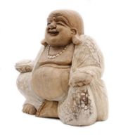 Handgesneden Boeddhabeeld - 30cm Happy - Whitewash