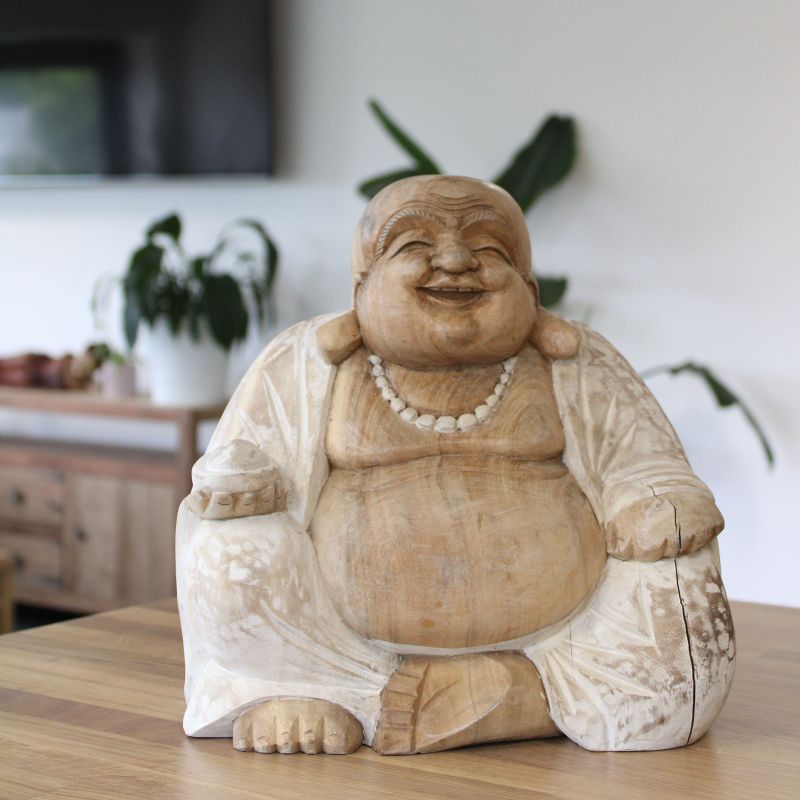 Handgesneden Boeddhabeeld - 30cm Happy - Whitewash