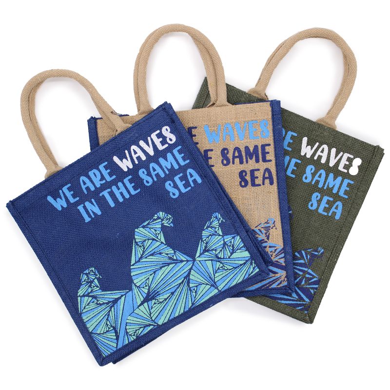 Jute Tas met Print - We are Waves - Grey, Blue and Natural