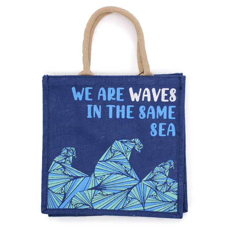 Jute Tas met Print - We are Waves - Grey, Blue and Natural