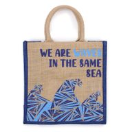 Jute Tas met Print - We are Waves - Grey, Blue and Natural