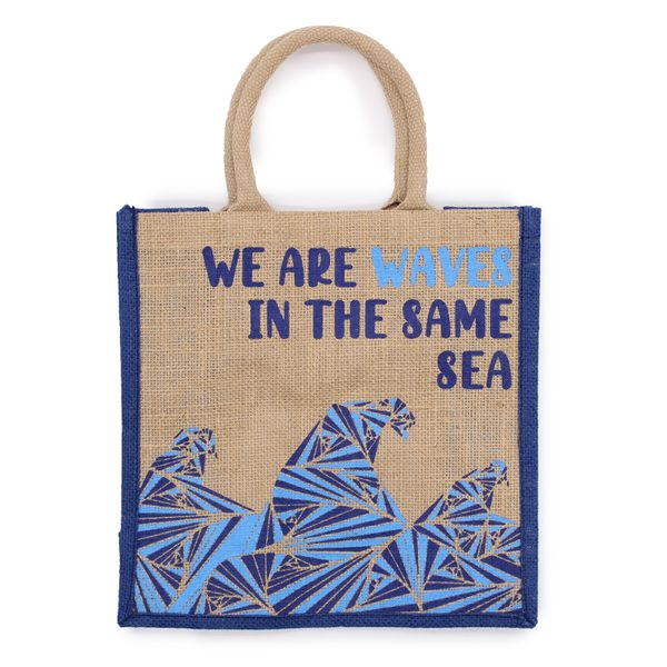 Jute Tas met Print - We are Waves - Grey, Blue and Natural