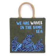 Jute Tas met Print - We are Waves - Grey, Blue and Natural