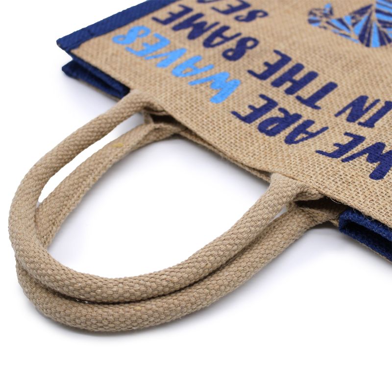 Jute Tas met Print - We are Waves - Grey, Blue and Natural