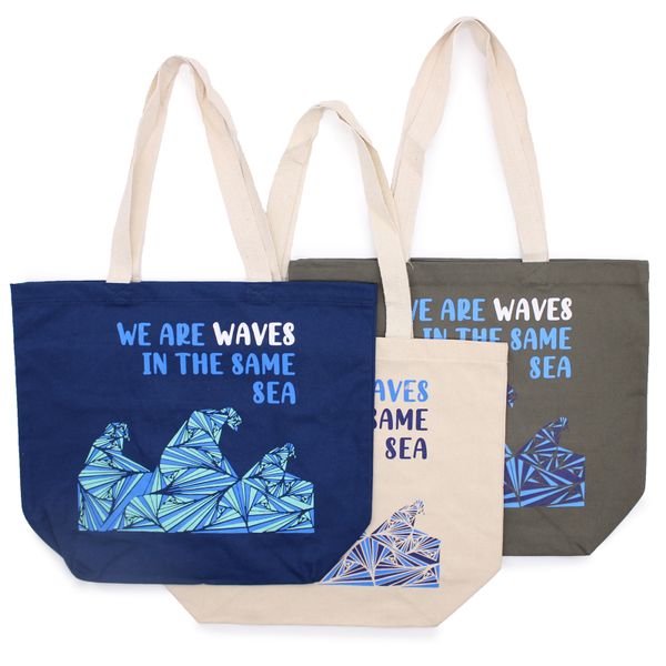 Bedrukte Katoenen Tas - We are Waves - Grijs, Blauw en Naturel