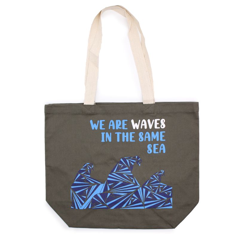 Bedrukte Katoenen Tas - We are Waves - Grijs, Blauw en Naturel