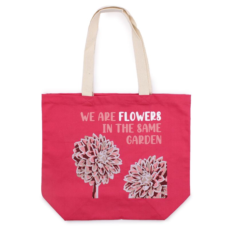 Bedrukte Katoenen Tas - We are Flowers - Olijfgroen, Roze and Naturel