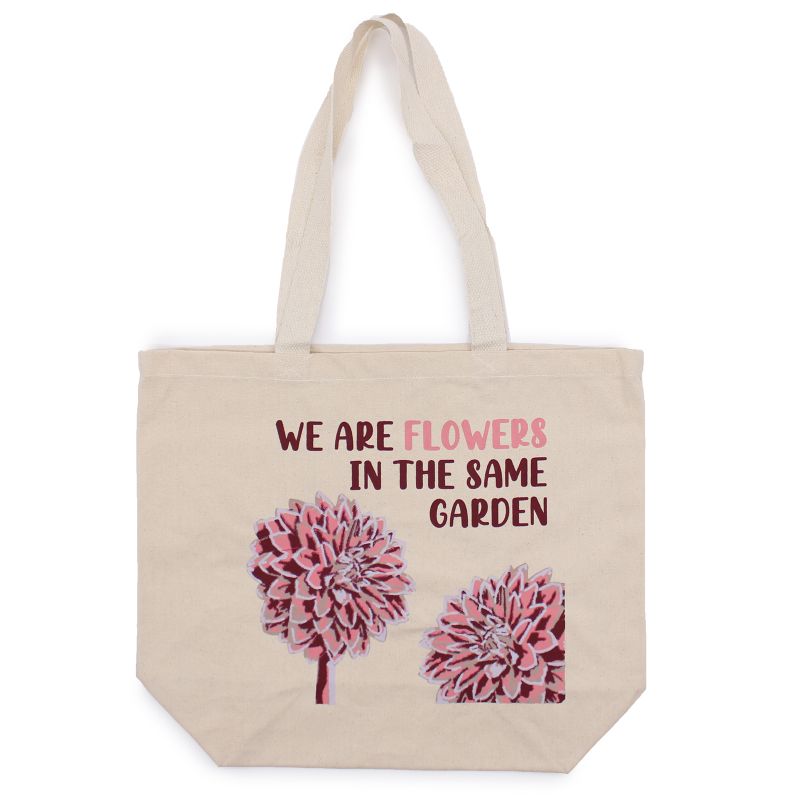 Bedrukte Katoenen Tas - We are Flowers - Olijfgroen, Roze and Naturel
