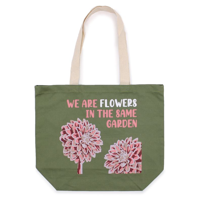 Bedrukte Katoenen Tas - We are Flowers - Olijfgroen, Roze and Naturel