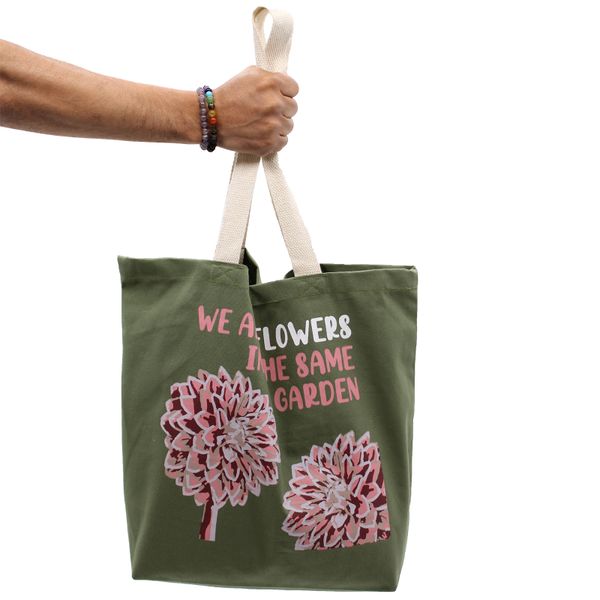 Bedrukte Katoenen Tas - We are Flowers - Olijfgroen, Roze and Naturel