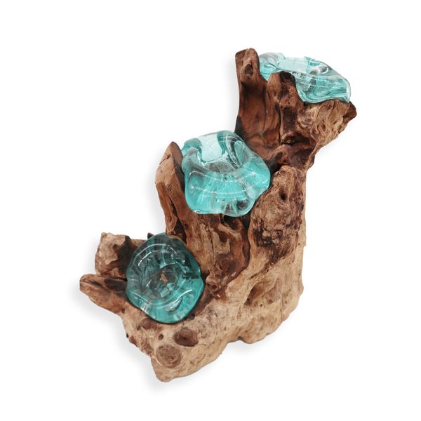 Drievoudige Kandelaar van Gesmolten Glas op Hout