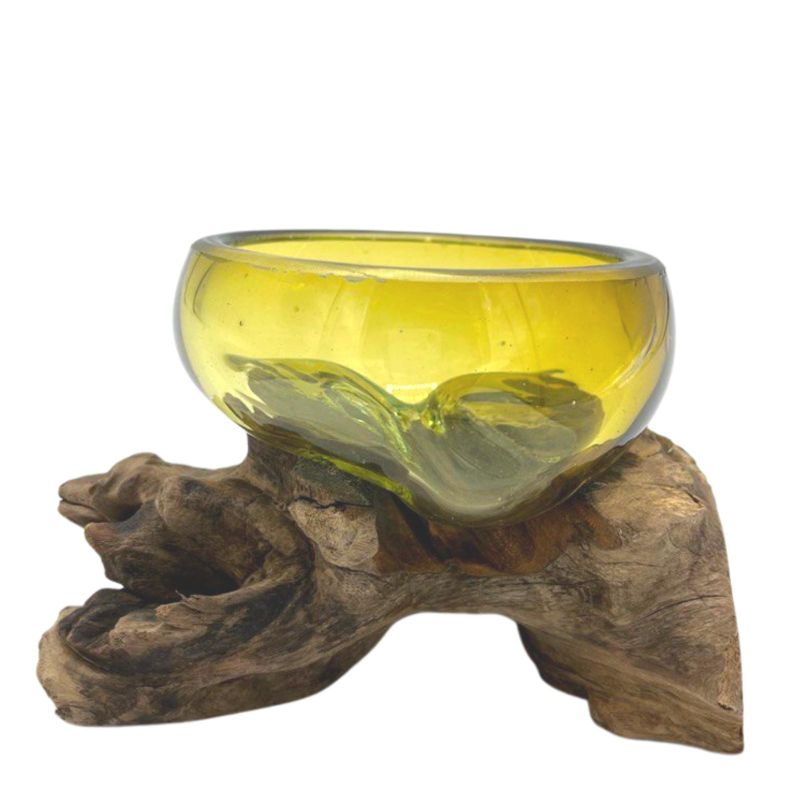 Gesmolten Glazen Mini Amberkleurige Kom op Hout