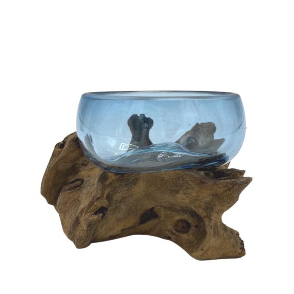 Gesmolten Glazen Mini Blauwe Kom op Hout