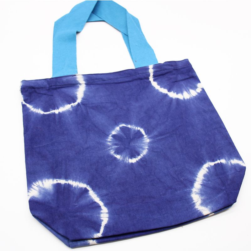 Natuurlijke tie-dye katoenen tas (8 oz) - 38x42x12cm - Blauwe ringen - Blauw handvat