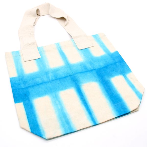 Natuurlijke tie-dye katoenen tas (8 oz) - 38x42x12cm - hemelsblauwe blokken - natuurlijk handvat