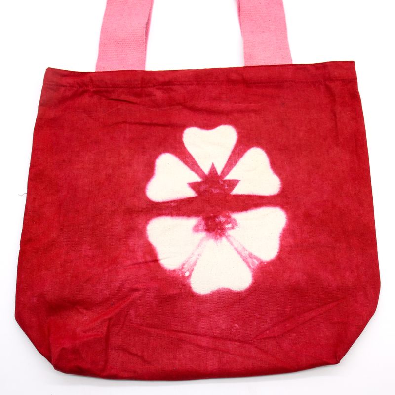 Natuurlijke tie-dye katoenen tas (8 oz) - 38x42x12cm - kastanjebruine bloem - roze handvat