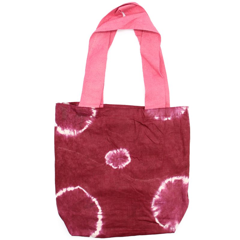 Natuurlijke tie-dye katoenen tas (8 oz) - 38x42x12cm - kastanjebruine ringen - roze handvat